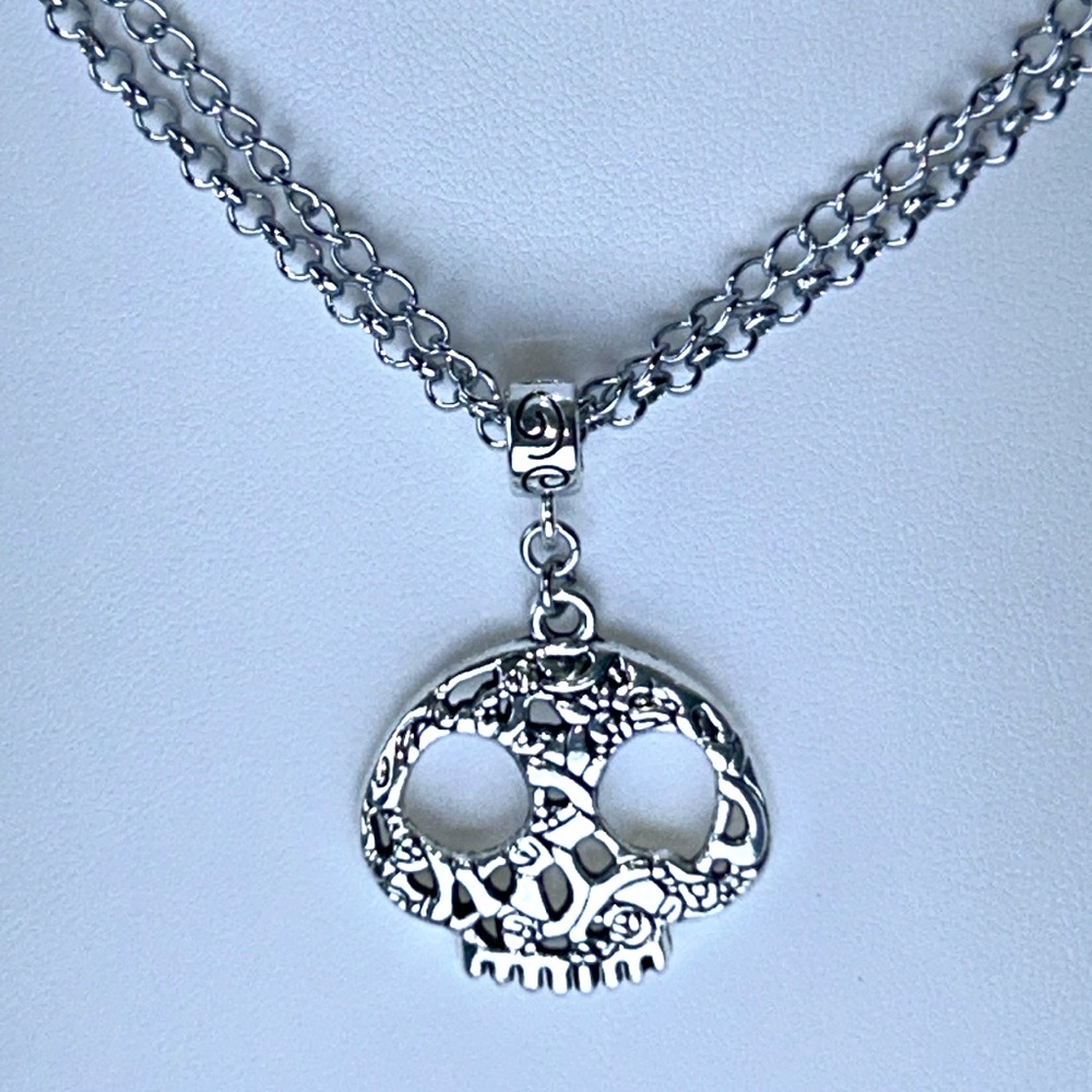 Handmade Halloween Day of Dead Sugar Skull Double Chain Necklace Goth Punk Boho
